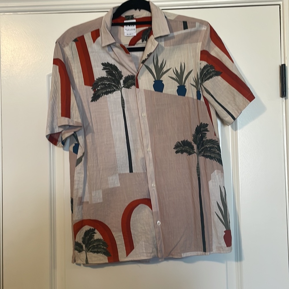 ZARA MEN RELAXED FIT SHIRT Mauve  multi color palm tree print size Small